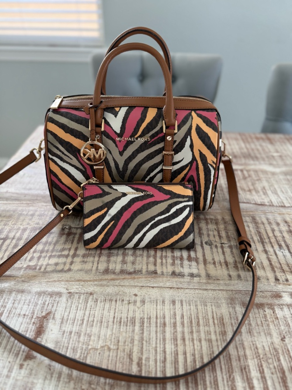 Michael Kors Zebra-Print Satchel Barrel Bag with Maching Wristlet Wallet